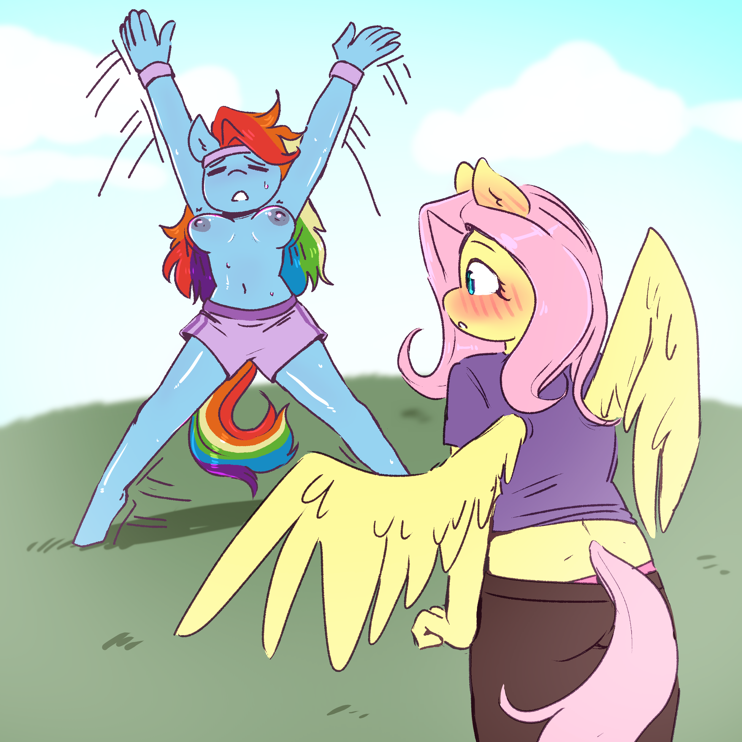 2310003 - questionable, artist:currentlytr_ash, derpibooru import,  fluttershy, rainbow dash, anthro, pegasus, unguligrade anthro, belly  button, blushing, bouncing, bouncing breasts, breasts, busty rainbow dash,  clothes, exercise, female, flutterdash ...