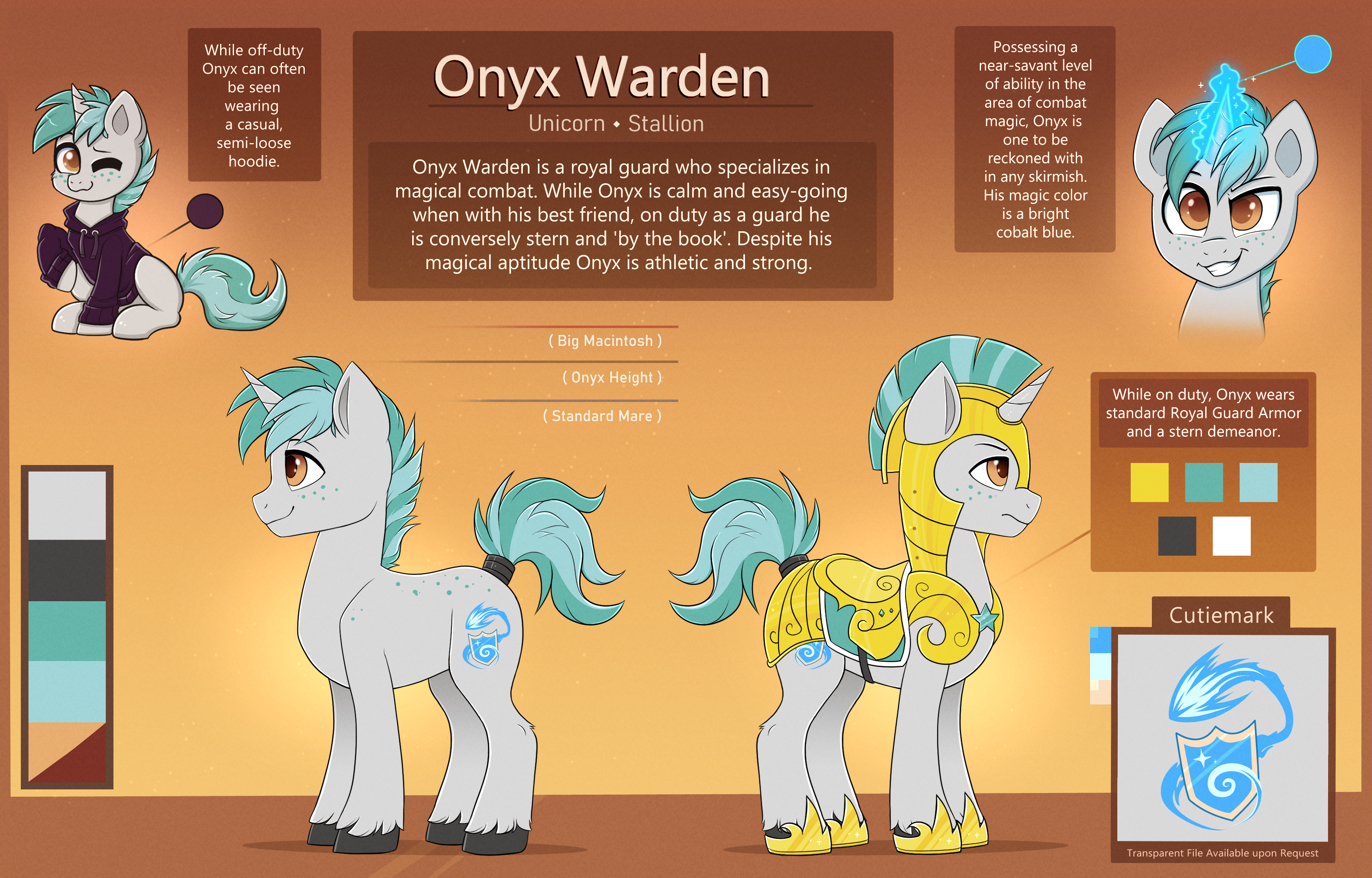 Safe Artist Ravensunart Derpibooru Import Oc Oc Onyx Warden Unofficial Characters Only Pony Unicorn Armor Clothes Commission Gradient Background Guard Hoodie Reference Sheet Royal Guard Smiling Twibooru