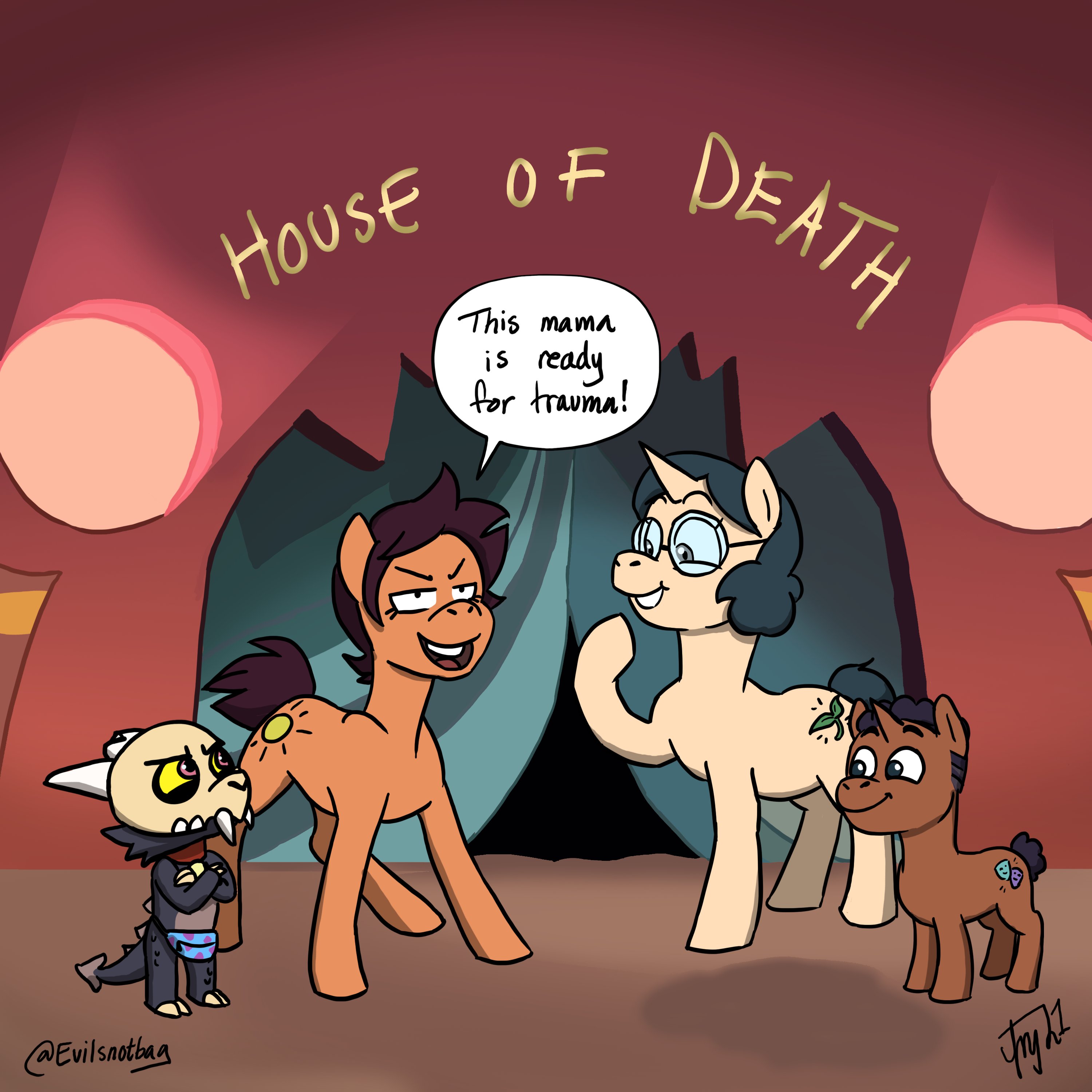 2310954 - safe, artist:evilsnotbag, derpibooru import, ponified, demon,  pegasus, pony, unicorn, fanny pack, gus porter, king (the owl house), luz  noceda, scene interpretation, the owl house, willow park - Twibooru