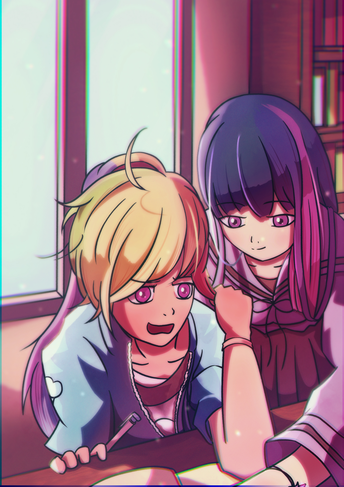 2311017 - safe, artist:albertac, derpibooru import, part of a set, rainbow  dash, twilight sparkle, human, ahoge, anime, book, bookshelf, chromatic  aberration, clothes, duo, female, humanized, indoors, japanese school  uniform, library, looking at