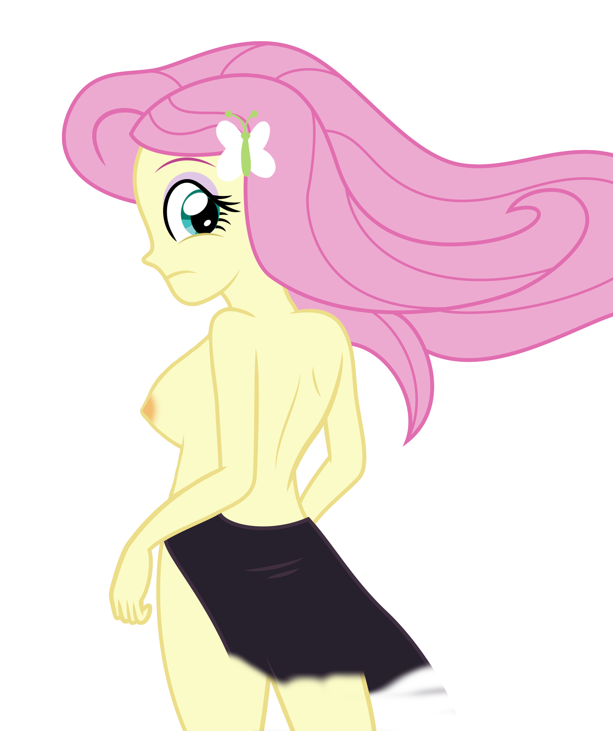 2321310 - questionable, artist:sumin6301, edit, editor:synfag, fluttershy, equestria  girls, black dress, breasts, clothes, dress, female, image, little black  dress, looking back, miniskirt, nipples, nude edit, nudity, partial nudity,  png, side slit, simple