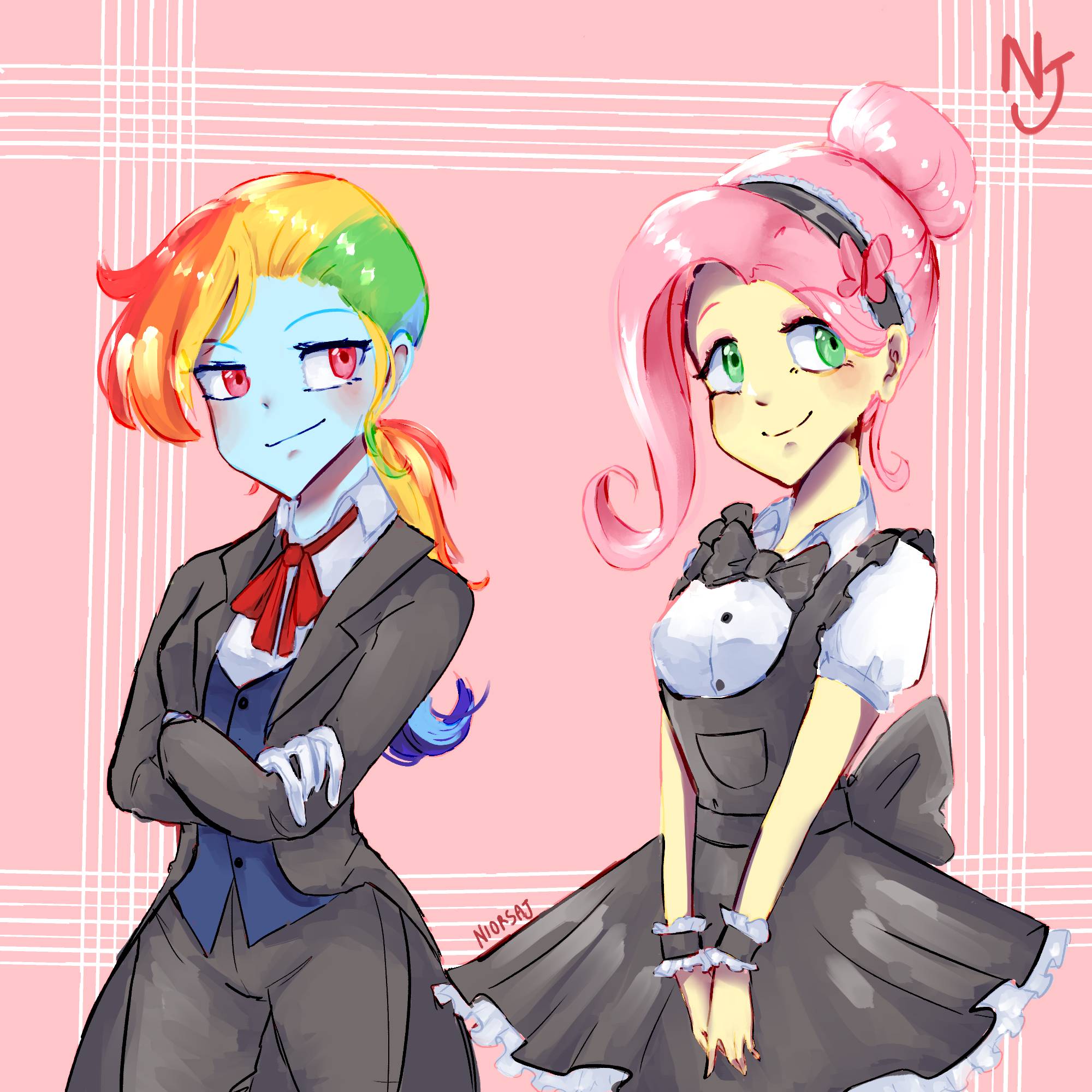 2332456 - safe, artist:niorsaj, derpibooru import, fluttershy, rainbow dash,  equestria girls, alternate hairstyle, bowtie, butler, clothes, crossed  arms, cute, dress, duo, female, fluttermaid, hair bun, hairband, high res,  image, jpeg, maid, ponytail,