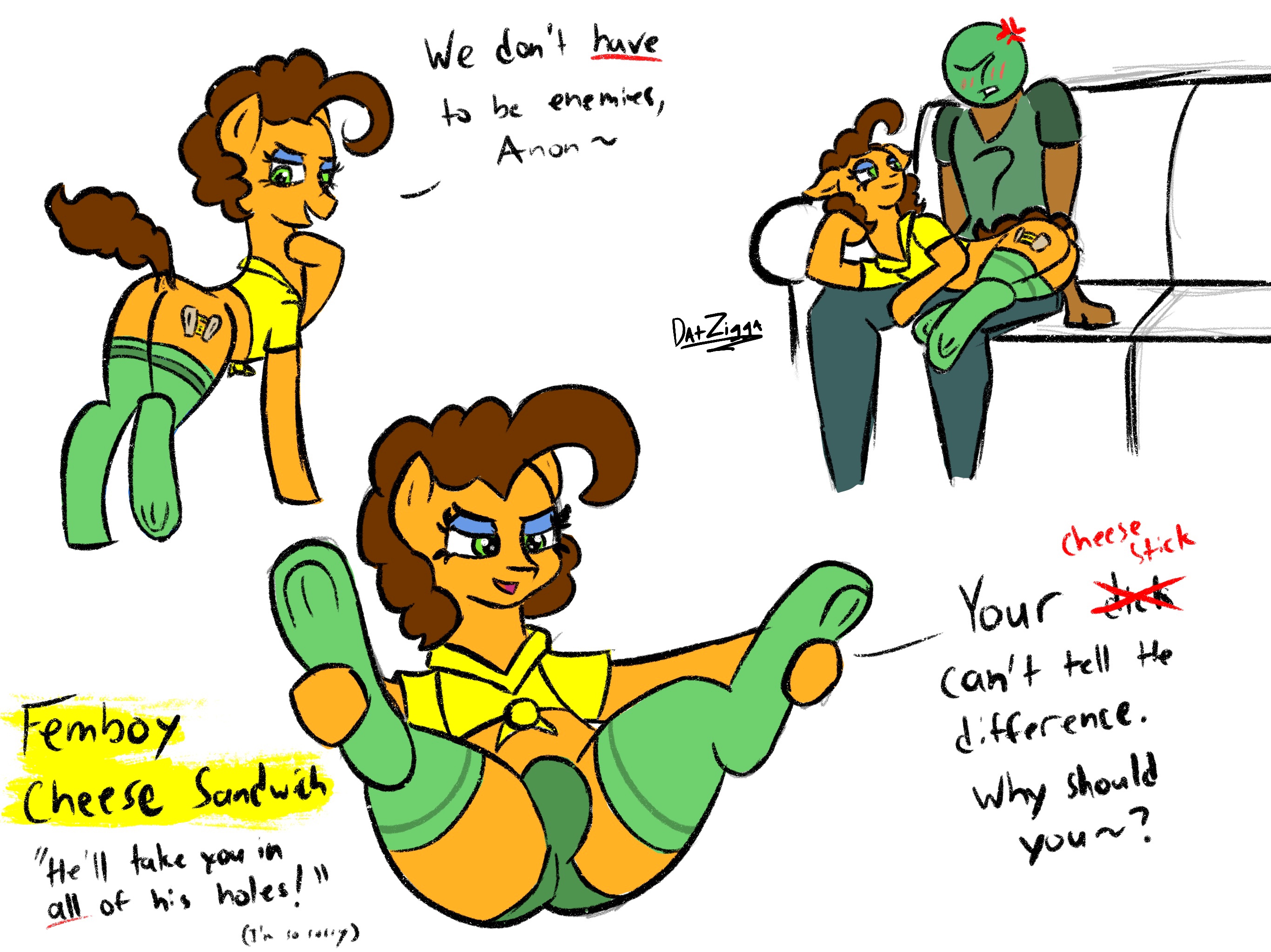 2335539 - suggestive, artist:datzigga, derpibooru import, cheese sandwich,  oc, oc:anon, earth pony, human, pony, bedroom eyes, blushing, clothes,  crotch bulge, eyeshadow, femboy, image, jpeg, makeup, male, socks,  stockings, thigh highs, trap -