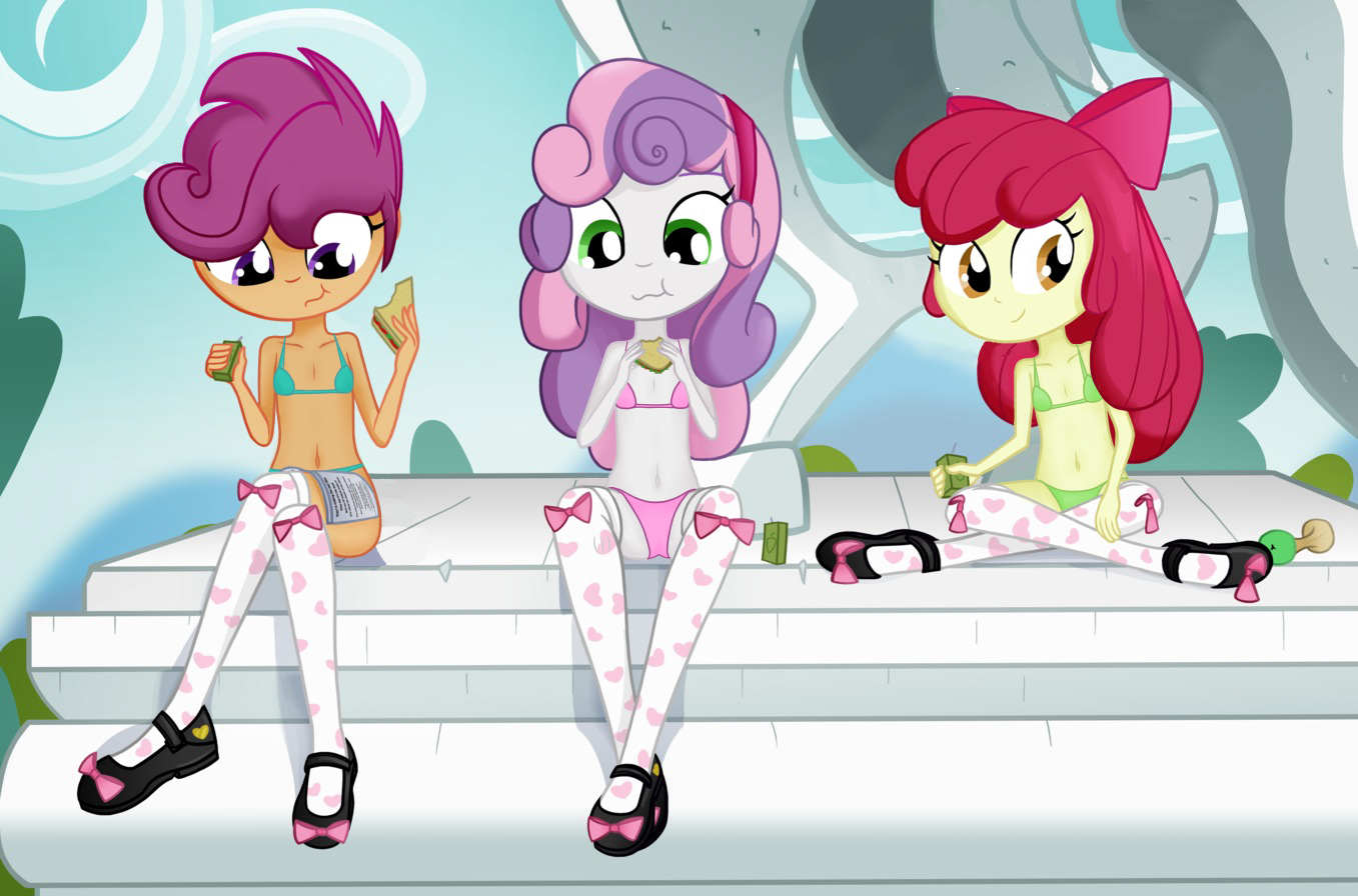 2344324 - suggestive, artist:ohohokapi, banned from derpibooru, edit, apple  bloom, scootaloo, sweetie belle, equestria girls, :t, belly button, blue  underwear, bra, clothes, crossed legs, eating, female, image, lolicon, mary  janes, panties, png,