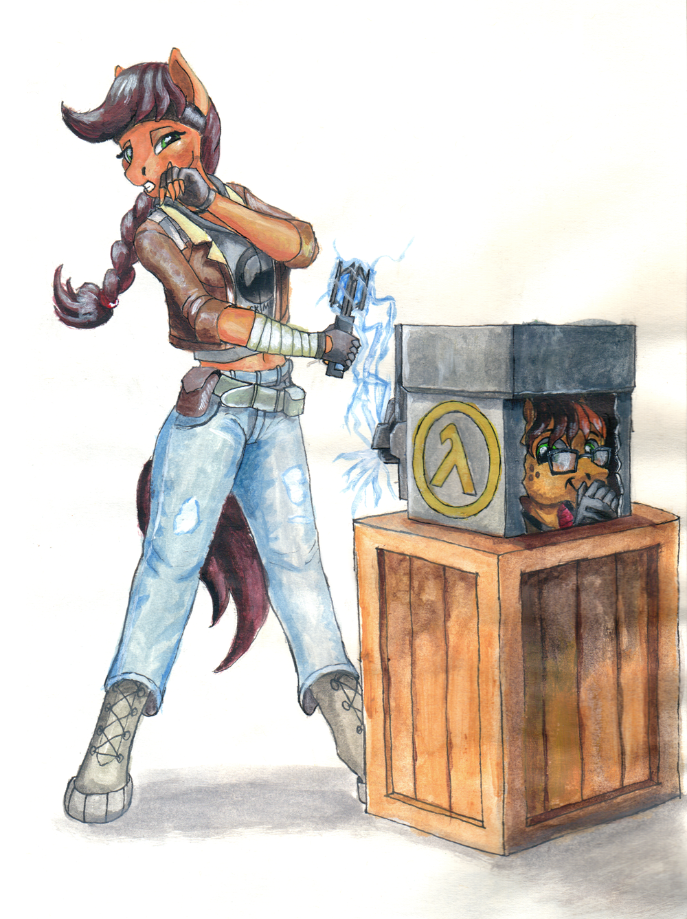 2350383 - safe, artist:sa1ntmax, derpibooru import, oc, oc:ayri, oc:wit  ray, anthro, earth pony, pegasus, unguligrade anthro, alyx vance, boxes,  crossover, emp tool, gordon freeman, half-life, half-life 2, hiding, image,  lambda, png, traditional