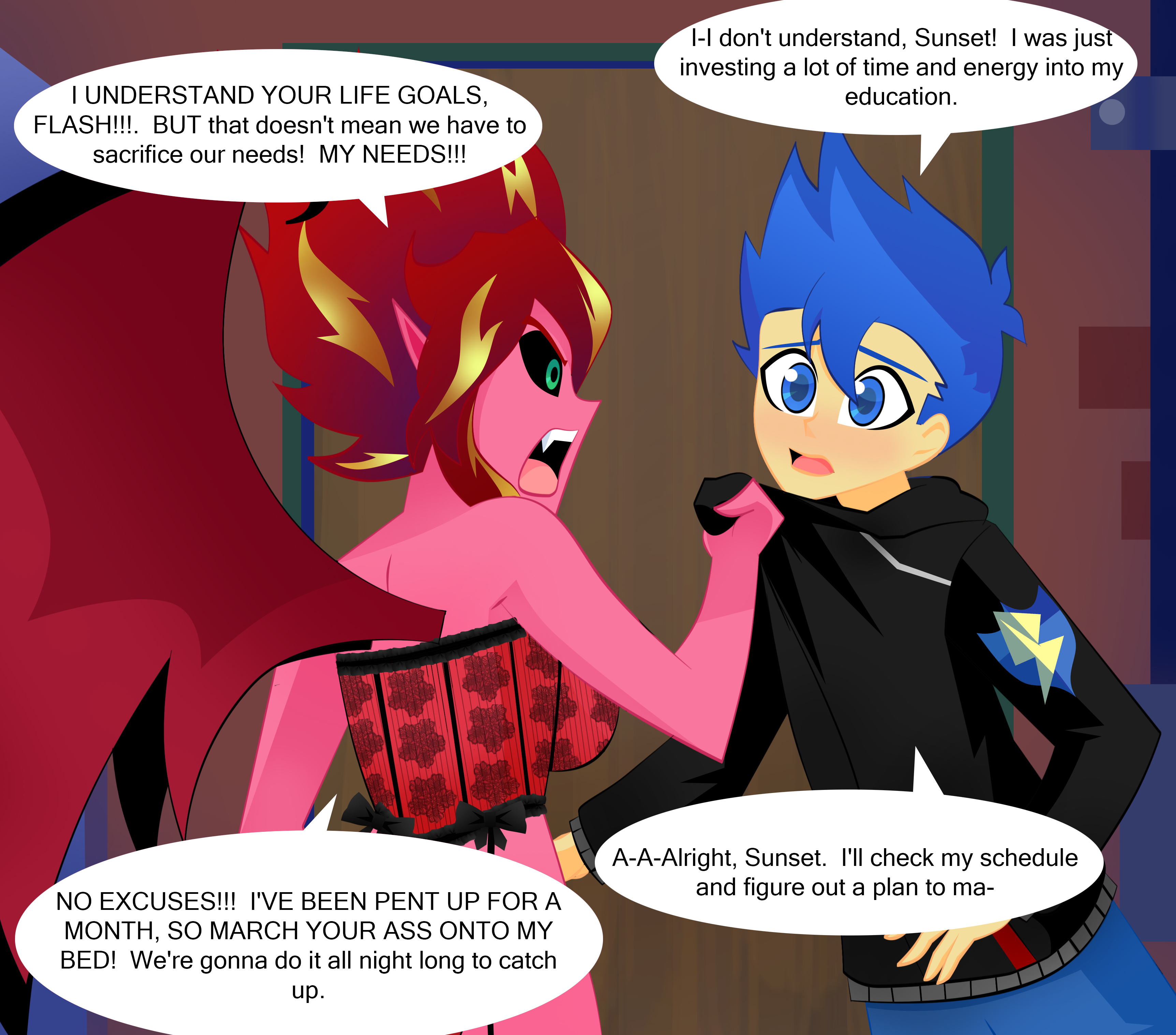 2351260 - suggestive, artist:xan-gelx, derpibooru import, flash sentry,  sunset shimmer, demon, equestria girls, angry, breasts, clothes,  commission, conversation, dialogue, dubious consent, female, flash sentry  gets all the waifus, flashimmer, image ...