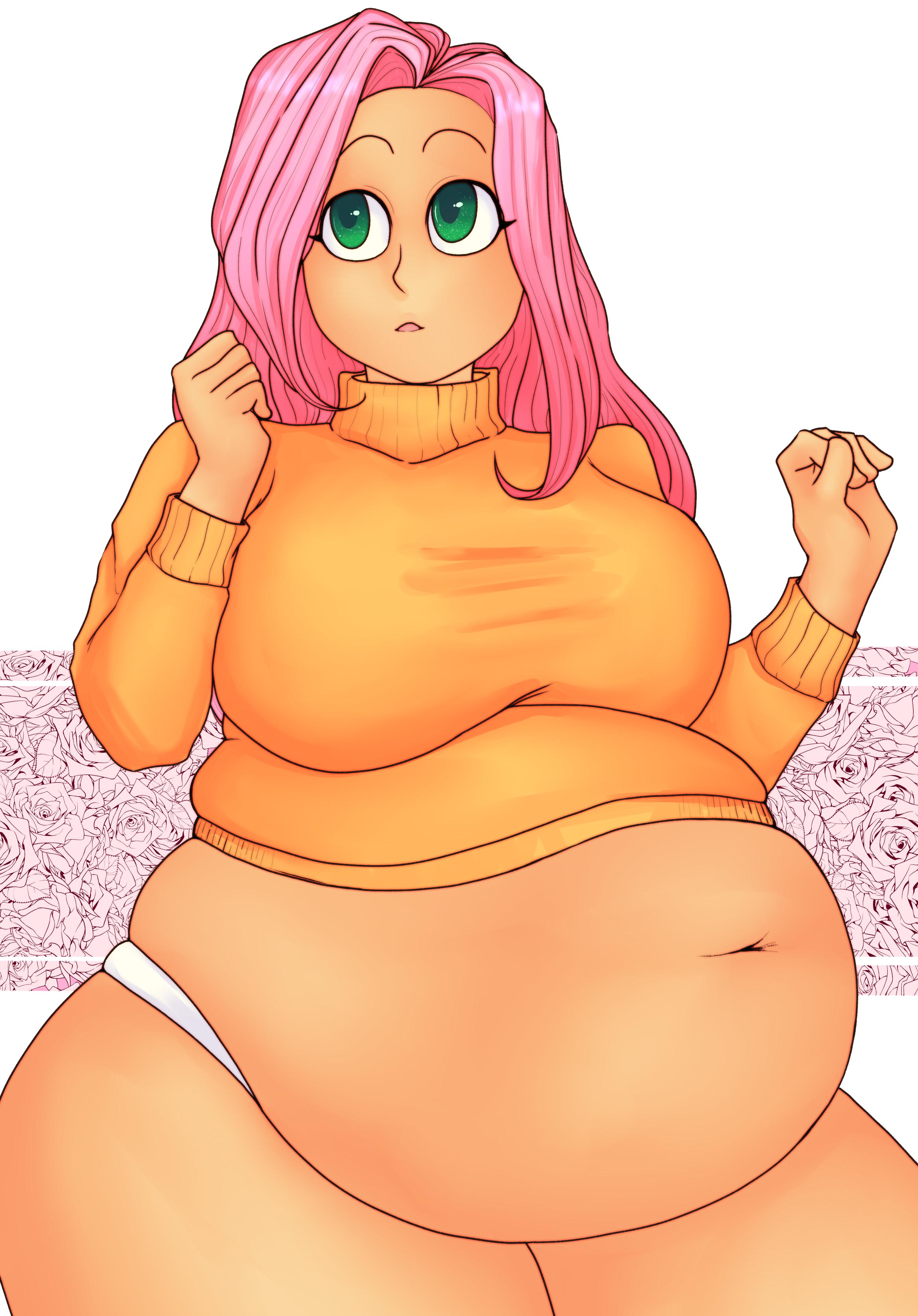 2374675 - suggestive, artist:ee8k, derpibooru import, fluttershy, human,  belly, belly button, big belly, big breasts, breasts, busty fluttershy,  clothes, fat, fattershy, female, huge breasts, humanized, image, panties,  png, solo, solo female, sweater,