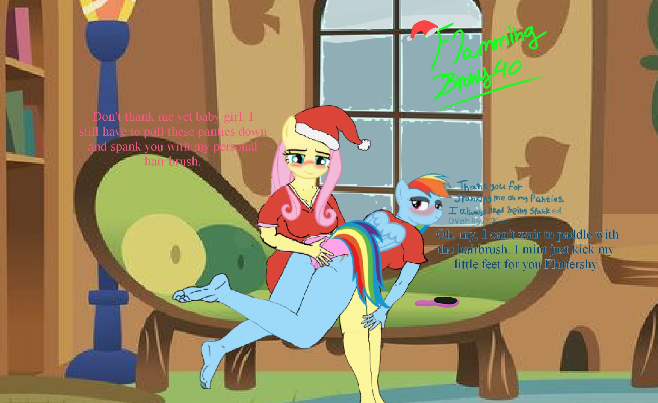 2387601 - suggestive, artist:flammingbrony40, derpibooru import,  fluttershy, rainbow dash, anthro, pegasus, plantigrade anthro, pony, 1000  hours in ms paint, ass, breasts, butt, caring, christmas, clothes, cute,  feet, feet in the air, female,