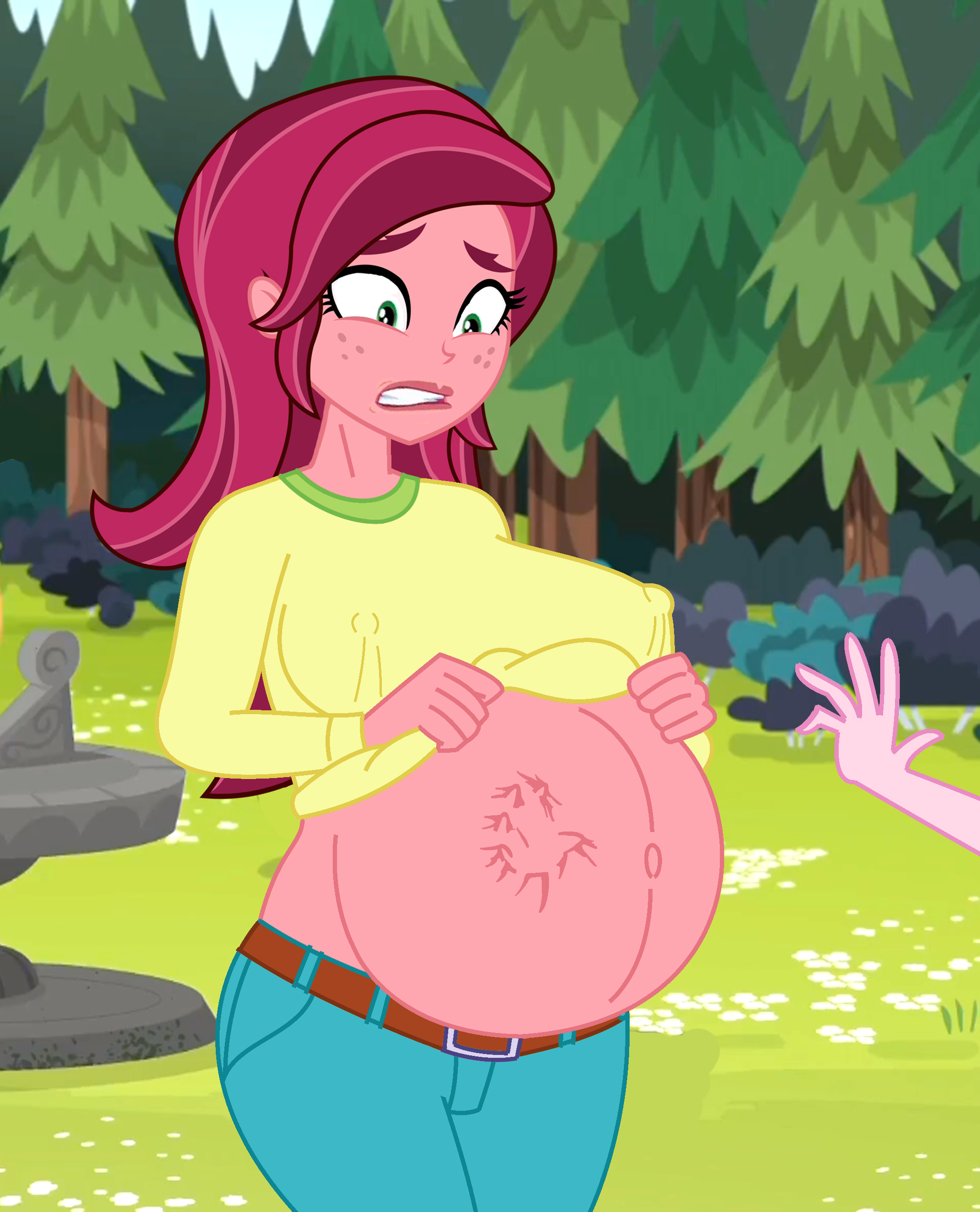 2397408 - suggestive, artist:09111, derpibooru import, gloriosa daisy,  equestria girls, belly, big belly, big breasts, breasts, erect nipples,  forest, forest background, image, jpeg, nipple outline, pregnant, pregnant  equestria girls, solo, tree - Twibooru