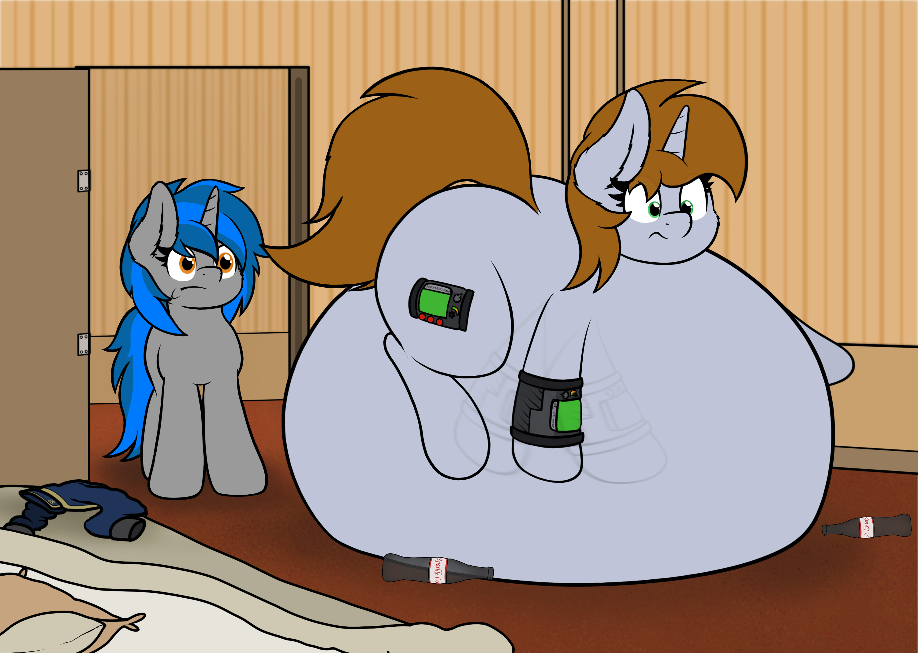 2404956 - suggestive, artist:aaathebap, derpibooru import, oc, oc:homage,  oc:littlepip, fallout equestria, adorafatty, bedroom, belly, belly bed, big  belly, confused, confusion, cute, duo, fat, huge belly, image, impossibly  large belly, inflation, jpeg ...