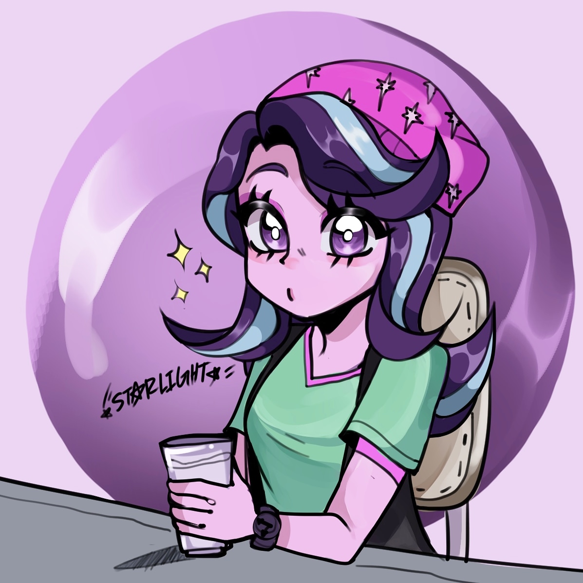 2412365 - safe, artist:parappaya, derpibooru import, starlight glimmer,  human, equestria girls, spoiler:eqg specials, beanie, chair, coffee cup,  cup, cute, eyebrows visible through hair, eyeshadow, female, glimmerbetes,  hat, image, indoors, jpeg ...