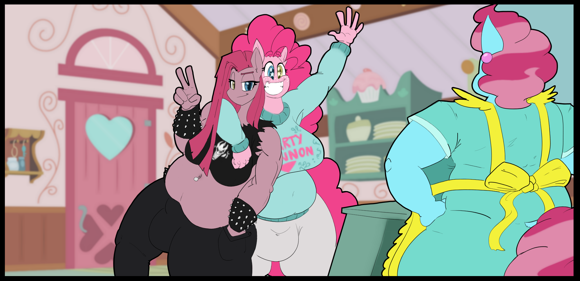 2441376 - suggestive, artist:sanyo2100, derpibooru import, cup cake, pinkie  pie, anthro, earth pony, arm on shoulder, belly button, bellyring, big  breasts, bracelet, breasts, busty pinkie pie, chubby, crotch bulge,  duality, freckles, futa