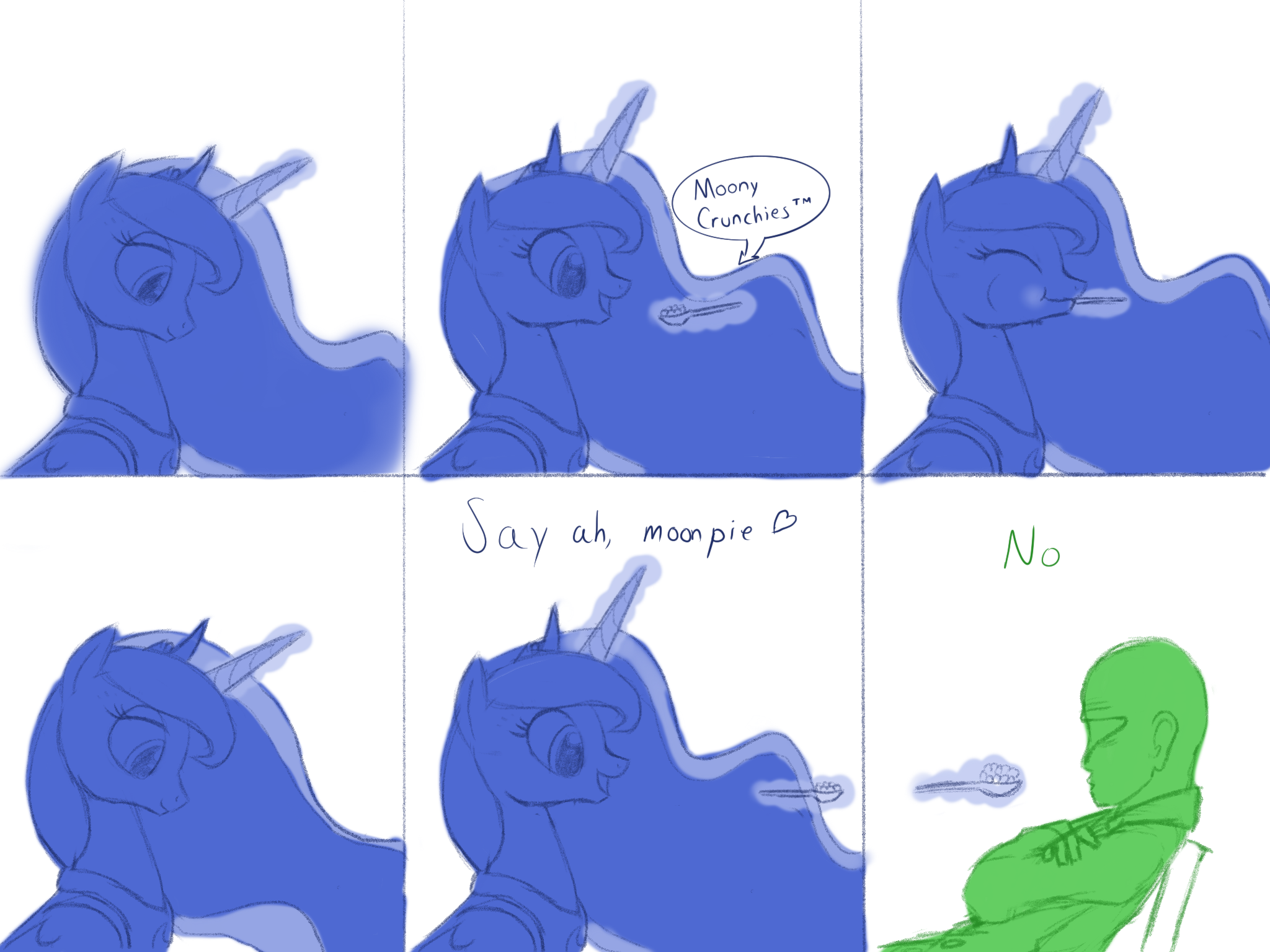 2336991 - safe, artist:nonamenymous, derpibooru import, princess luna, oc,  oc:anon, alicorn, human, pony, breakfast, cereal, comic, food, grumpy,  happy, image, png, yandere - Twibooru