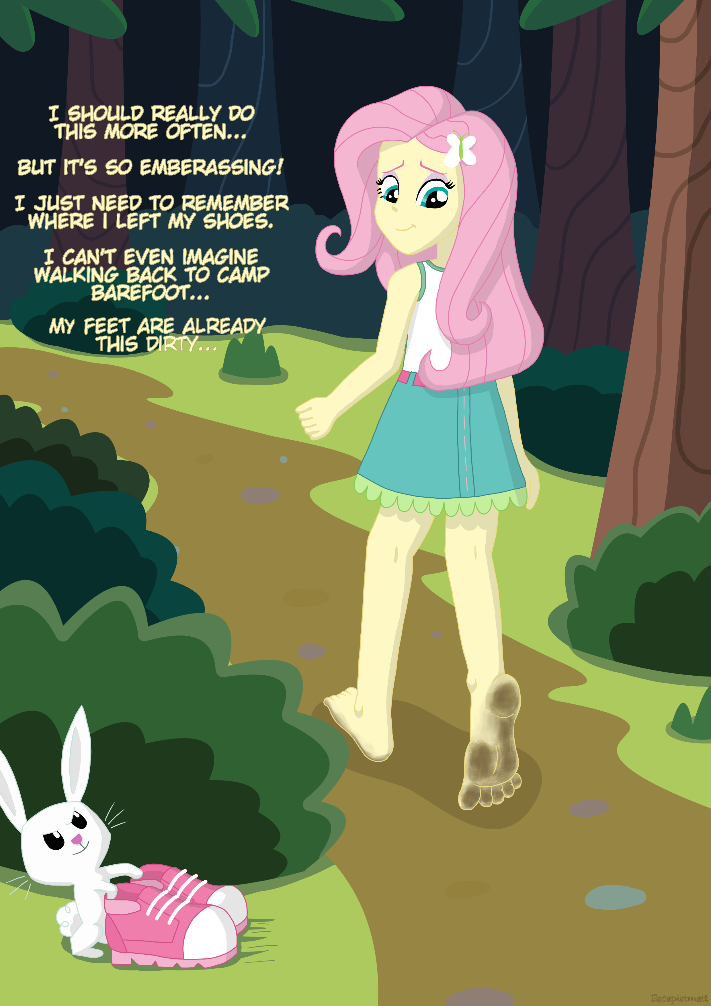 2480503 - safe, alternate version, artist:escapistmatt, derpibooru import,  angel bunny, fluttershy, equestria girls, barefoot, barefooting, dirt,  dirty, dirty feet, feet, fetish, foot fetish, forest, image, png, shoes  removed, tree, walking - Twibooru