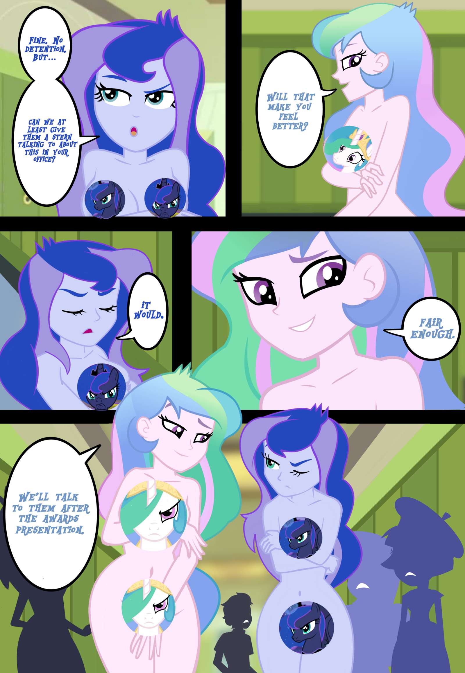 2469455 - suggestive, artist:succubi samus, derpibooru import, princess  celestia, princess luna, comic:bare naked science exhibition, equestria  girls, casual nudity, censored, comic, embarrassed, embarrassed nude  exposure, exhibitionism, eyes closed ...