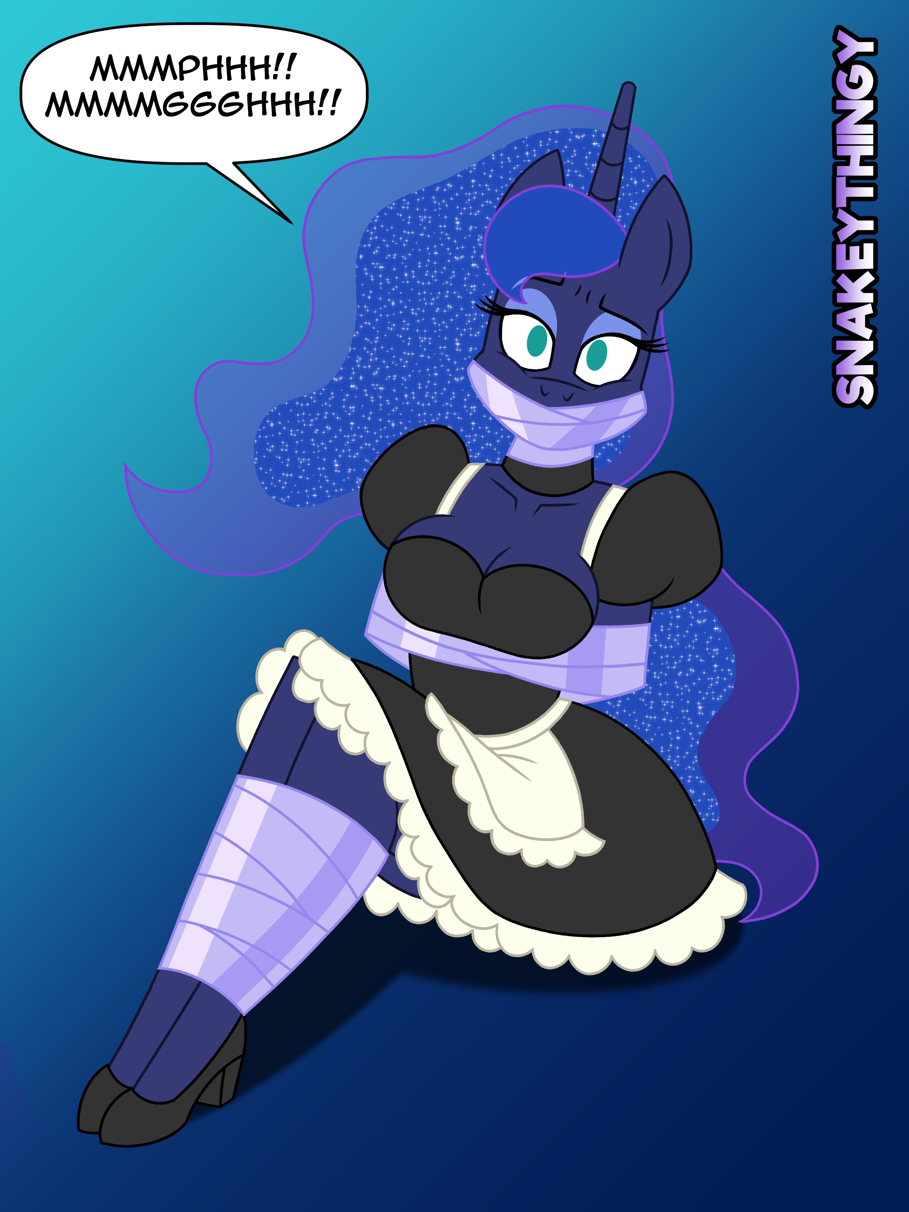 2519768 - questionable, artist:snakeythingy, derpibooru import, princess  luna, alicorn, anthro, arm behind back, bondage, bound and gagged, clothes,  commission, female, gag, gradient background, image, jpeg, looking at you,  maid, muffled words, sitting,