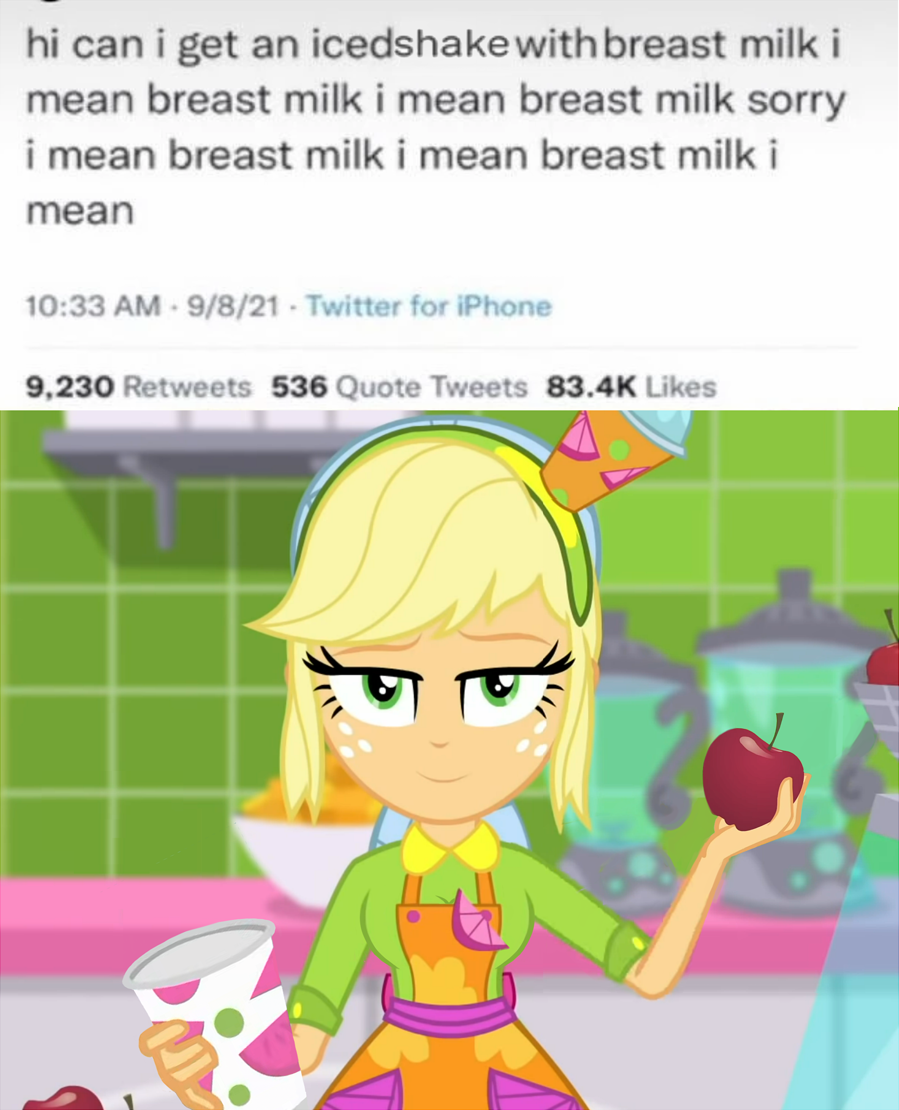 2553866 - safe, artist:spookitty, derpibooru import, edit,  editor:spookitty, screencap, applejack, equestria girls, iced latte with breast  milk, image, meme, png, solo - Twibooru