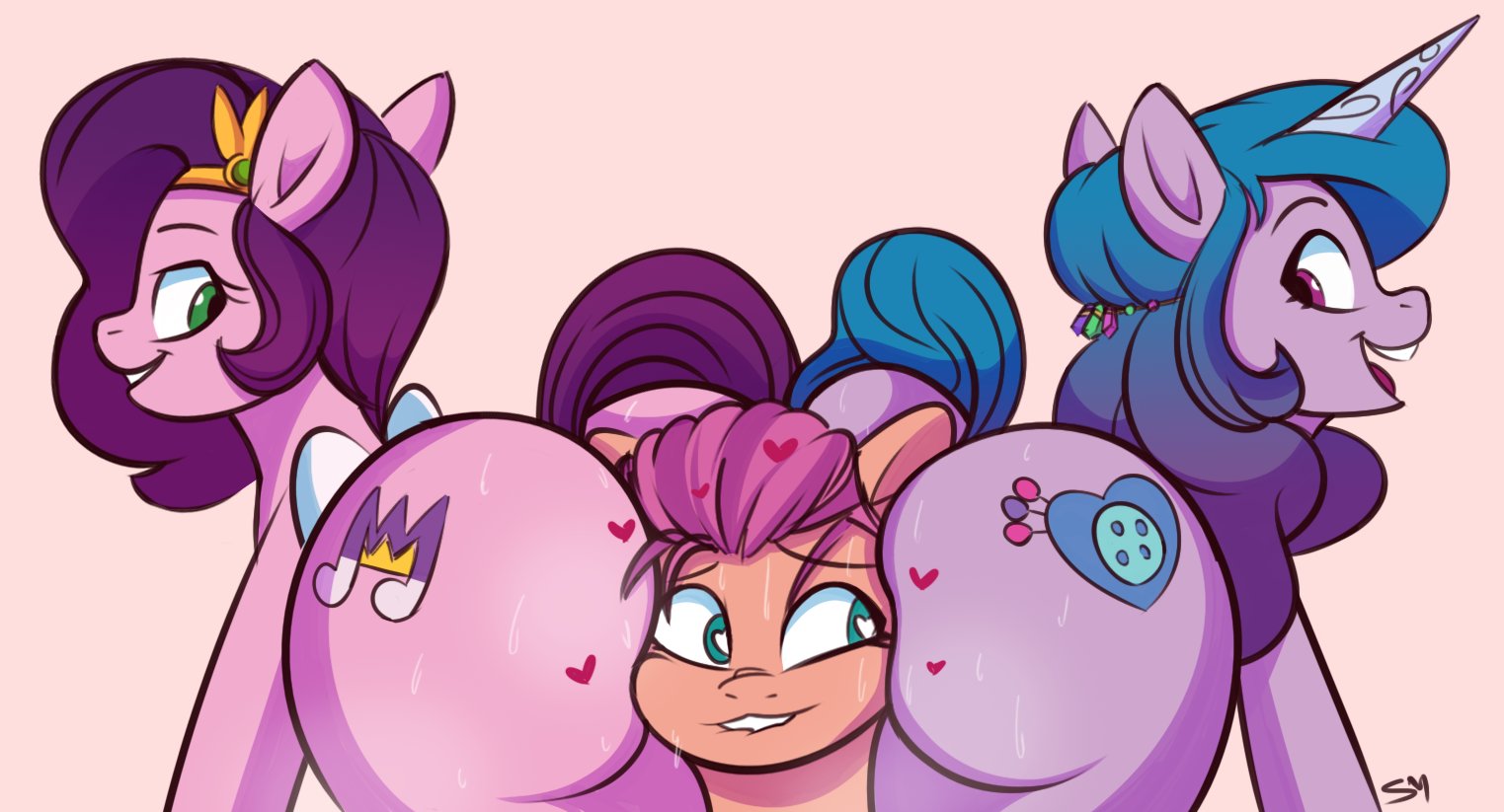 2555041 - suggestive, artist:semirulalmite, derpibooru import, izzy  moonbow, pipp petals, sunny starscout, earth pony, pegasus, pony, unicorn, my  little pony: a new generation, spoiler:my little pony: a new generation,  butt, eyes on