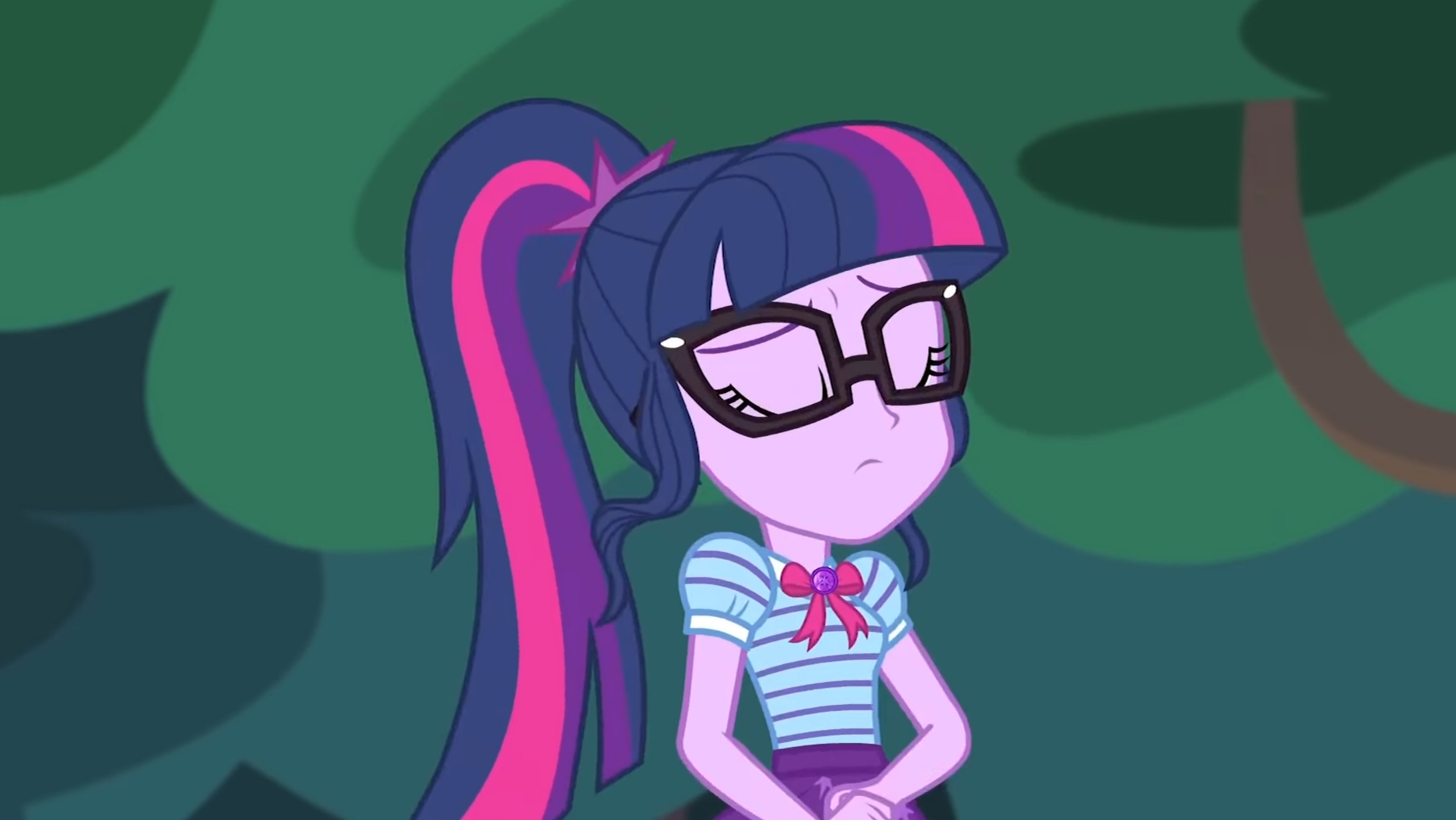 2538076 - safe, derpibooru import, screencap, sci-twi, twilight sparkle,  equestria girls, equestria girls series, stressed in show, stressed in  show: fluttershy, spoiler:eqg series (season 2), bowtie, eyes closed,  female, geode of telekinesis,