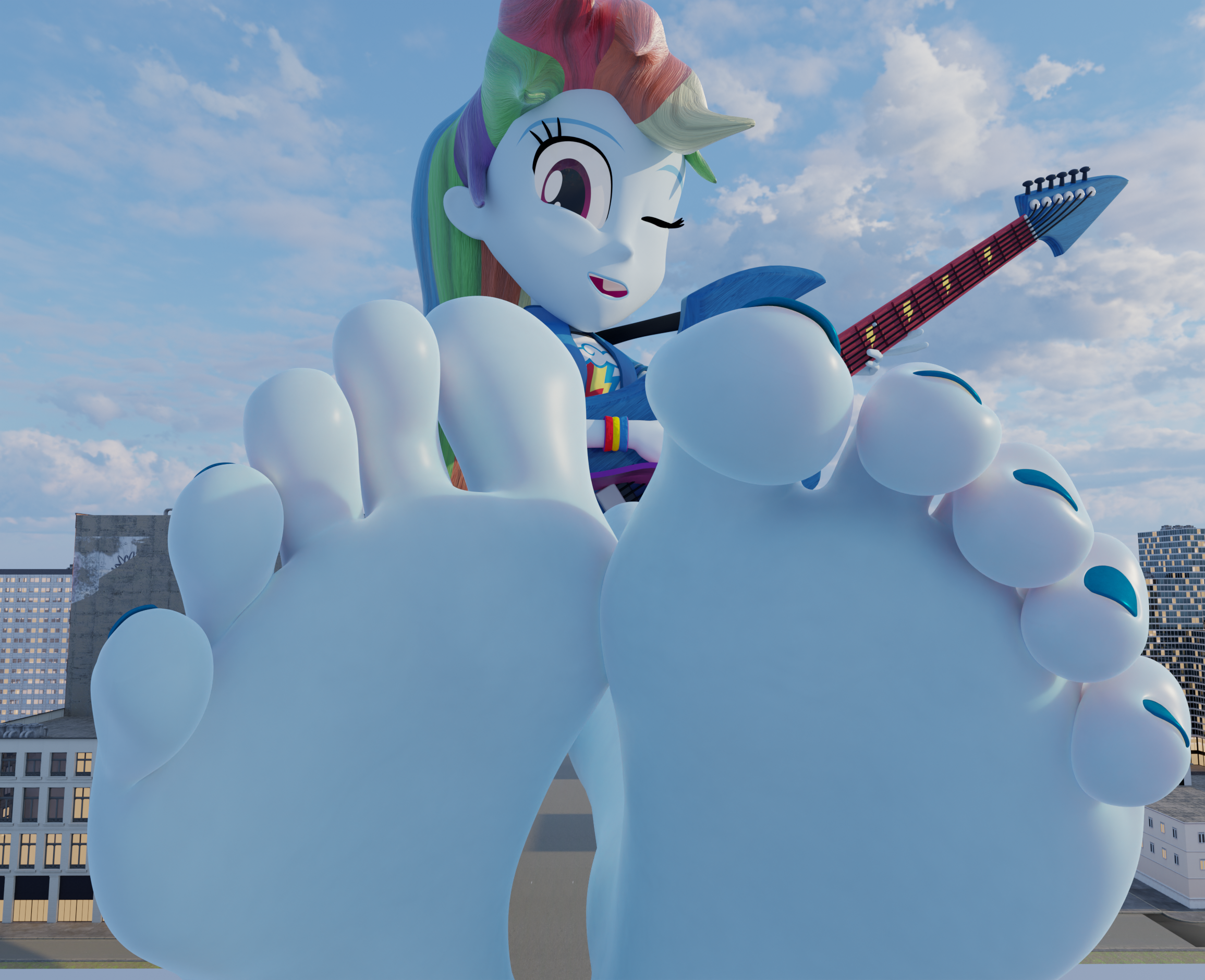 2836008 - safe, artist:lulw73, derpibooru import, rainbow dash, equestria  girls, 3d, barefoot, electric guitar, feet, female, fetish, foot fetish,  foot focus, giantess, guitar, guitar solo, image, looking at you, macro,  musical instrument,