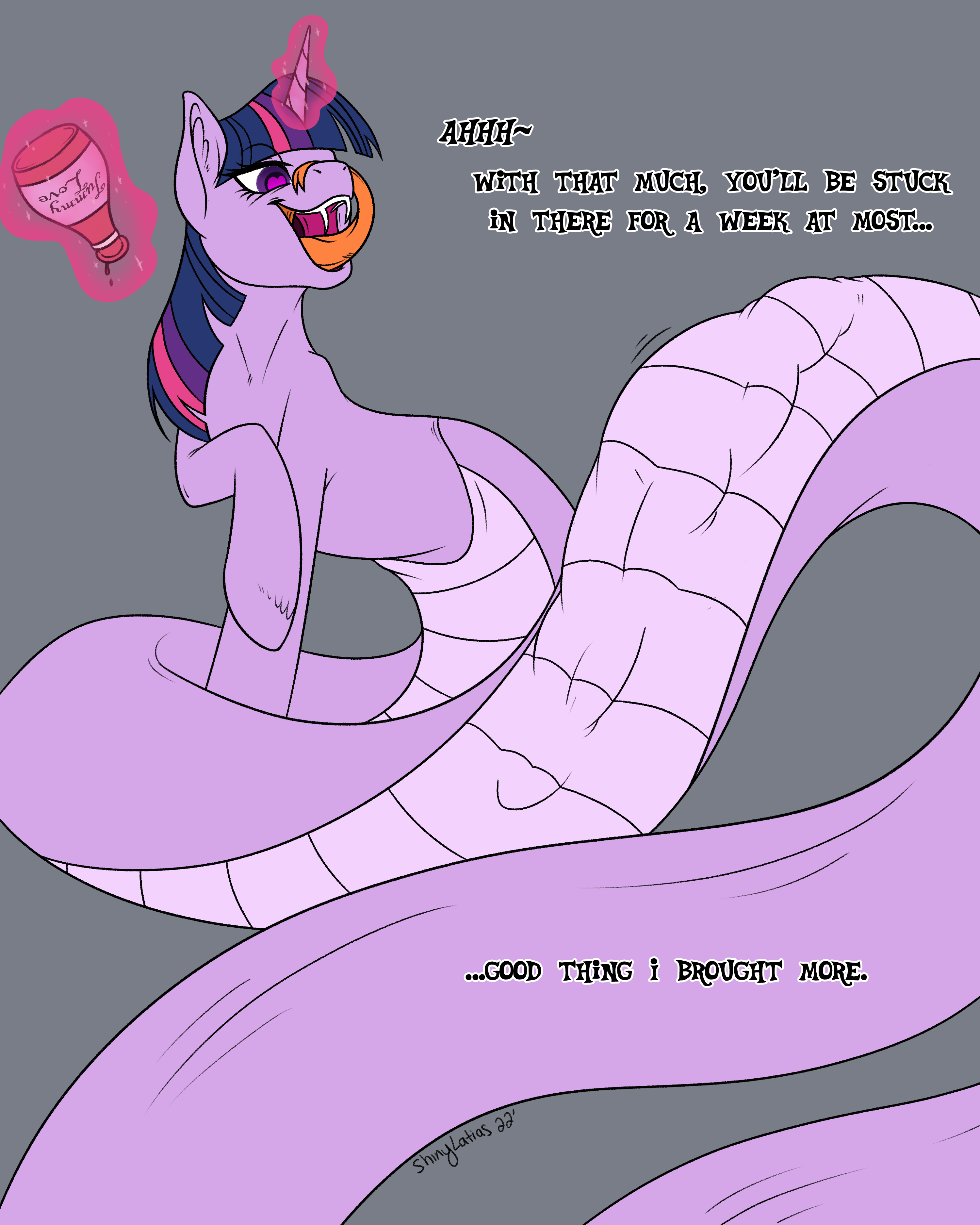 2702470 - suggestive, artist:hellonurse, derpibooru import, twilight  sparkle, human, lamia, original species, pony, unicorn, bottle, commission,  endosoma, female, forked tongue, gray background, heart eyes, image,  lamiafied, levitation, licking ...