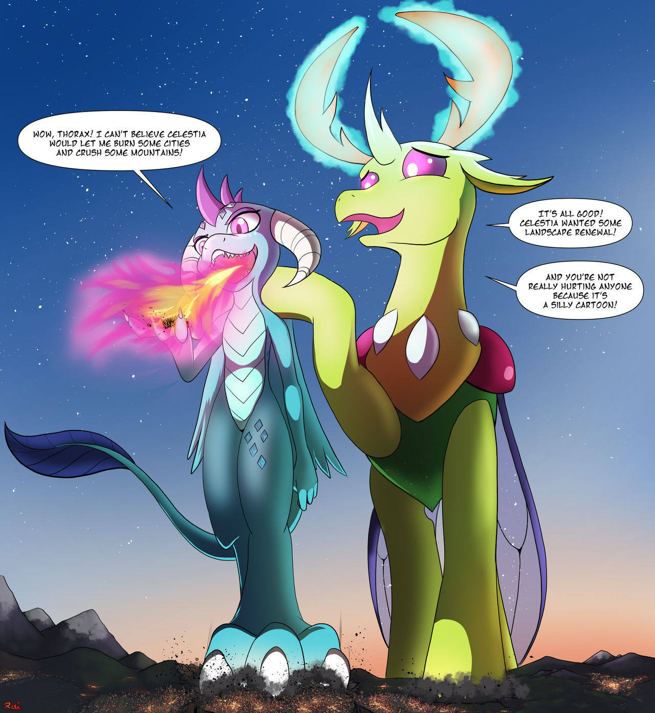 2754064 - safe, artist:rai-kun, derpibooru import, editor:starponys87,  princess ember, thorax, changedling, changeling, dragon, apocalypse,  attack, boyfriend, boyfriend and girlfriend, burning, city, cityscape,  claws, crushing, destruction, dragon lord ...