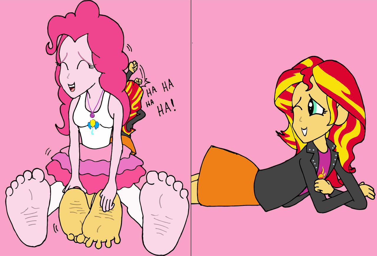 2869859 - safe, artist:feets-and-paws, derpibooru import, pinkie pie,  sunset shimmer, equestria girls, barefoot, feet, fetish, foot fetish, foot  focus, image, jpeg, soles, tickling, toes - Twibooru