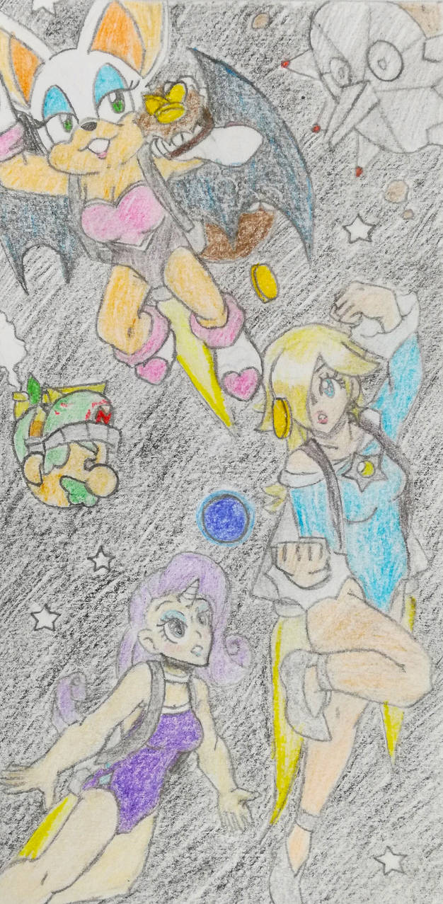 2887627 - safe, artist:fafenprocrastination, derpibooru import, rarity, bat,  human, chase, clothes, colored pencil drawing, female, flying, horn, horned  humanization, humanized, image, jetpack, jpeg, leotard, rosalina, rouge the  bat, sonic the hedgehog ...