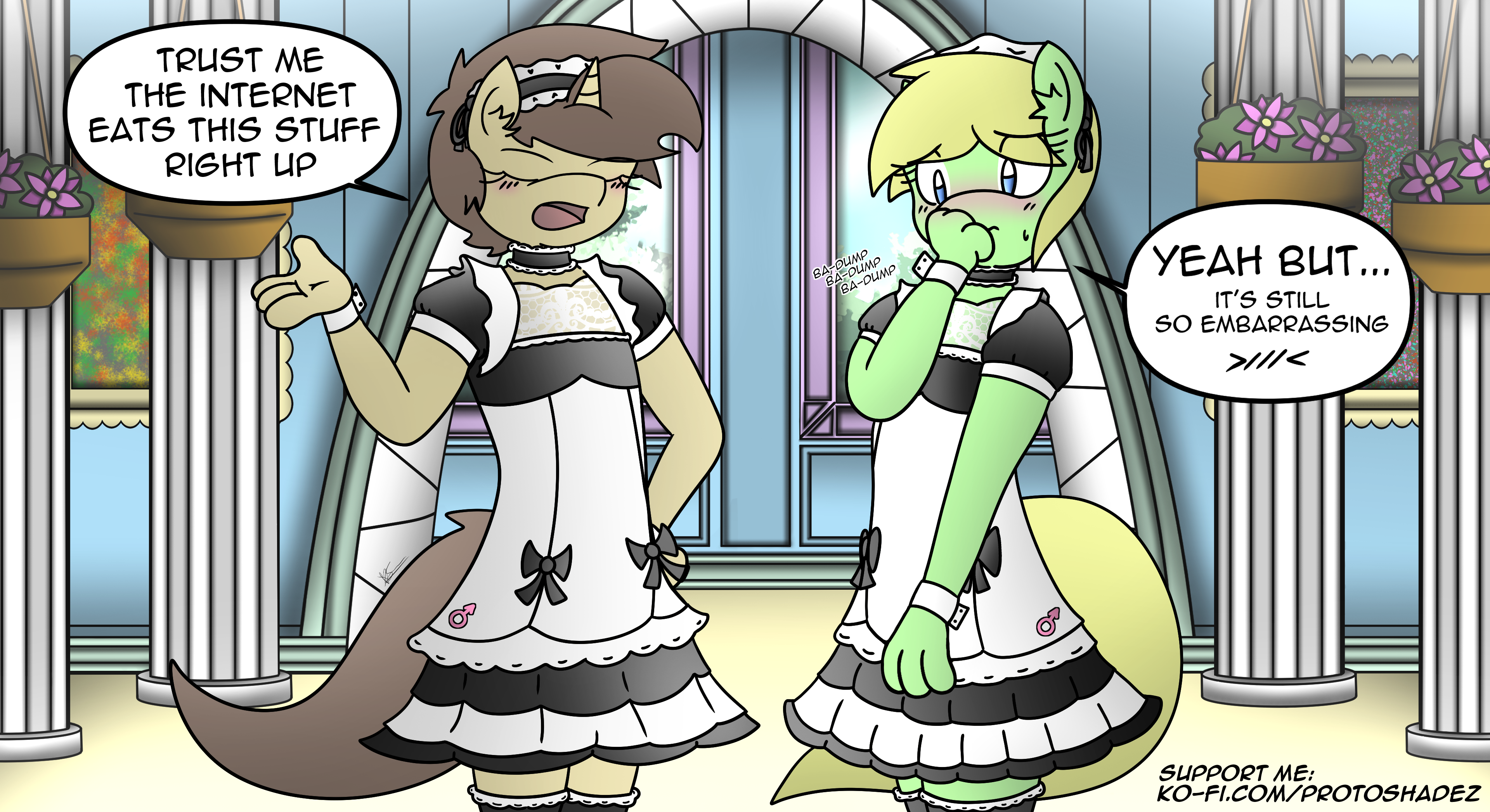 2888491 - safe, artist:protoshadez, derpibooru import, oc, anthro, earth  pony, unicorn, agatan, anime, anthro oc, clothes, comic, crossdressing,  cute, earth pony oc, femboy, horn, image, maid, male, manga, png,  protoshadez, shadez, unicorn