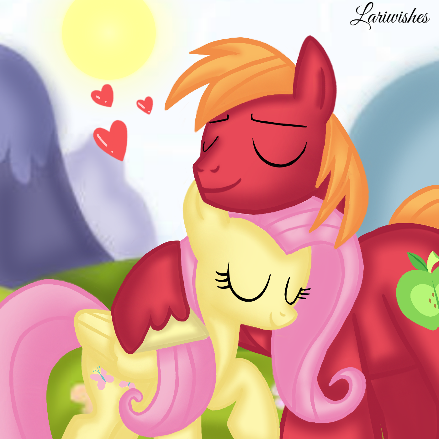 2959589 - safe, artist:mlplary6, derpibooru import, big macintosh,  fluttershy, earth pony, pegasus, pony, eyes closed, female, fluttermac,  heart, image, love, male, mare, mountain, png, romantic, shipping,  snuggling, stallion, straight, sun - Twibooru