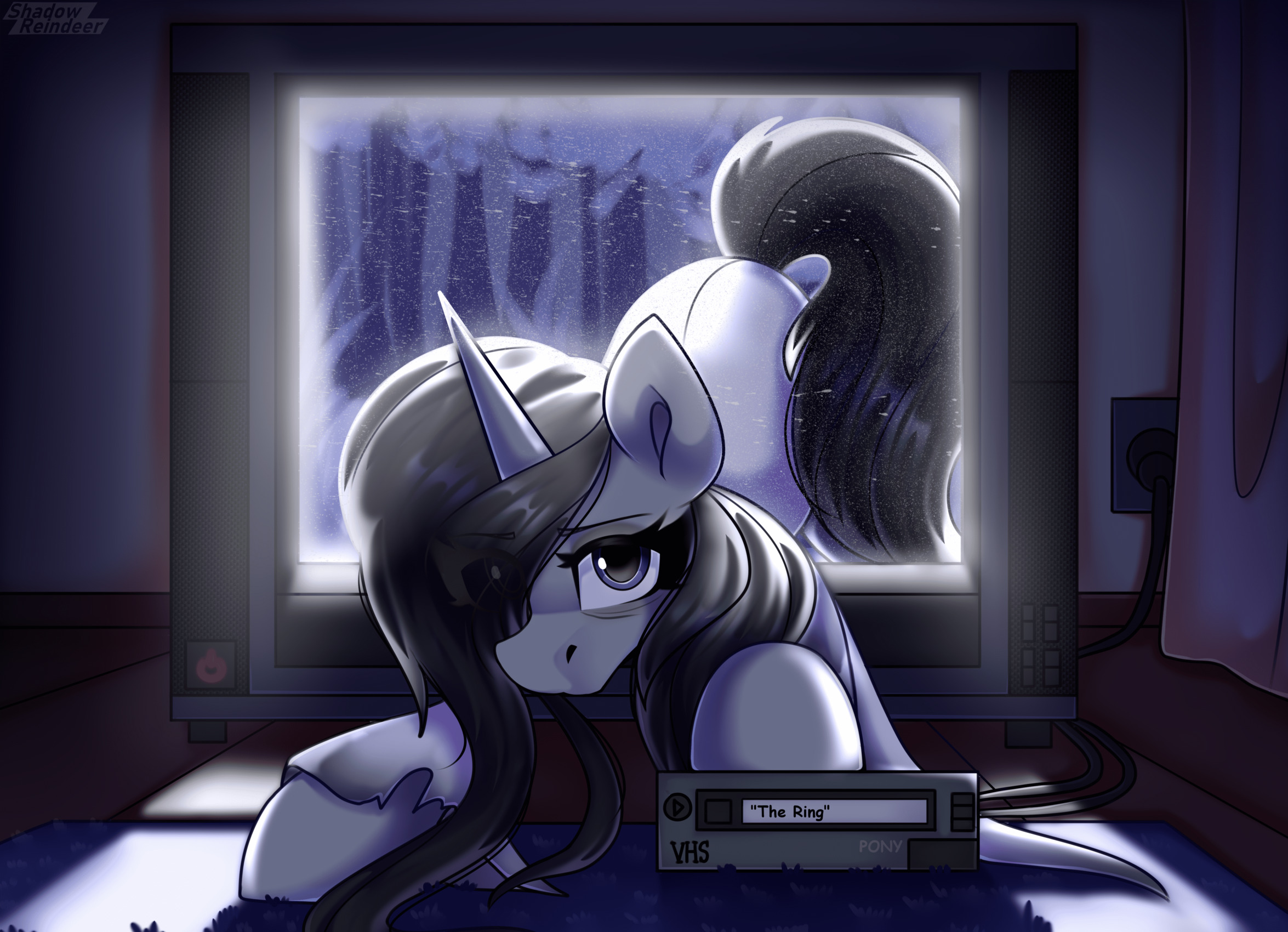 2964757 - safe, artist:shadowreindeer, derpibooru import, oc, unicorn,  commission, horror, image, jpeg, movie, sadako yamamura, solo, television,  vhs - Twibooru