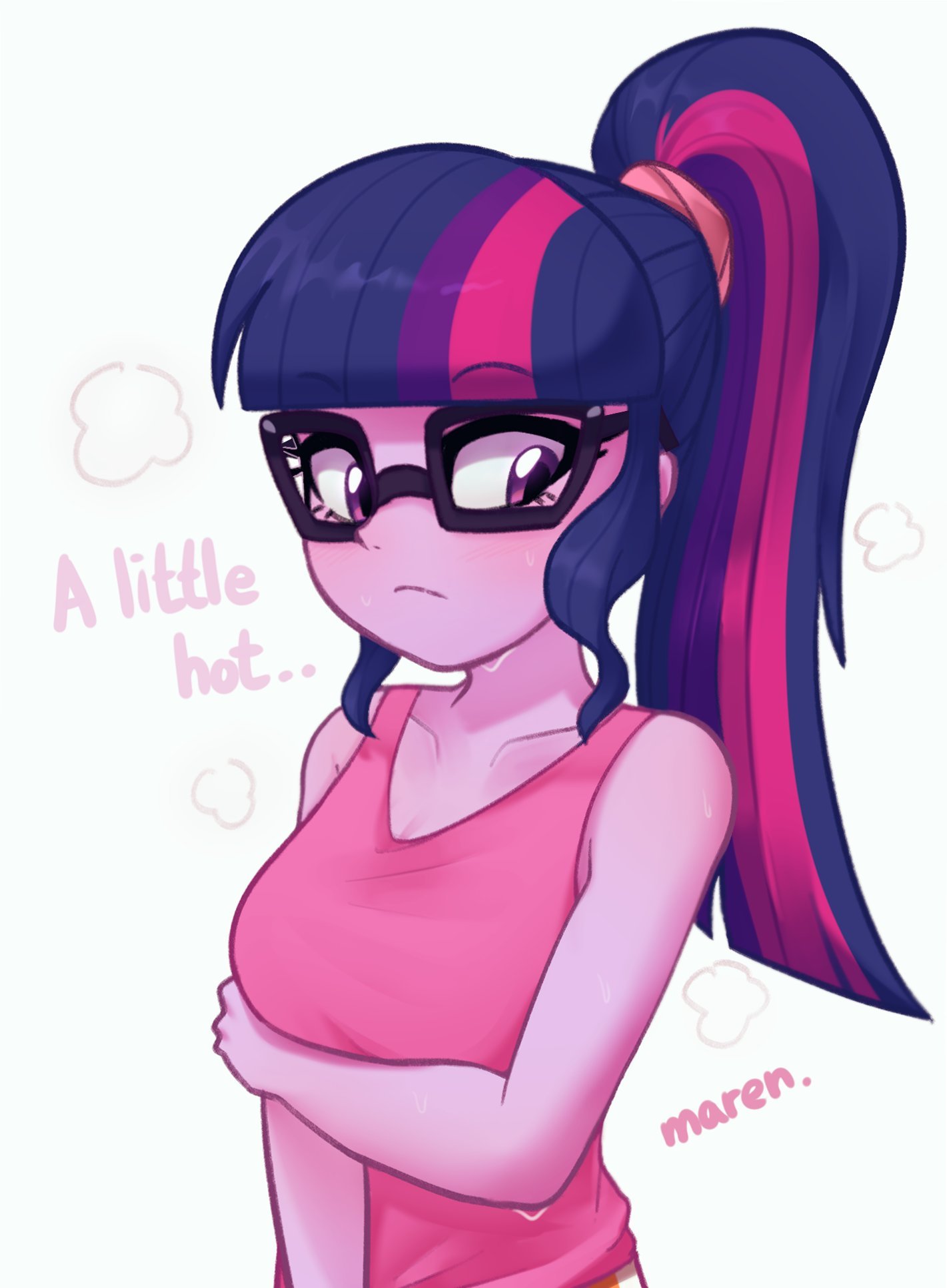 2964792 - safe, artist:maren, derpibooru import, sci-twi, twilight sparkle,  equestria girls, equestria girls series, adorasexy, adorkable, adorkasexy,  alternate hairstyle, arm under breasts, blushing, breasts, busty sci-twi,  busty twilight sparkle ...