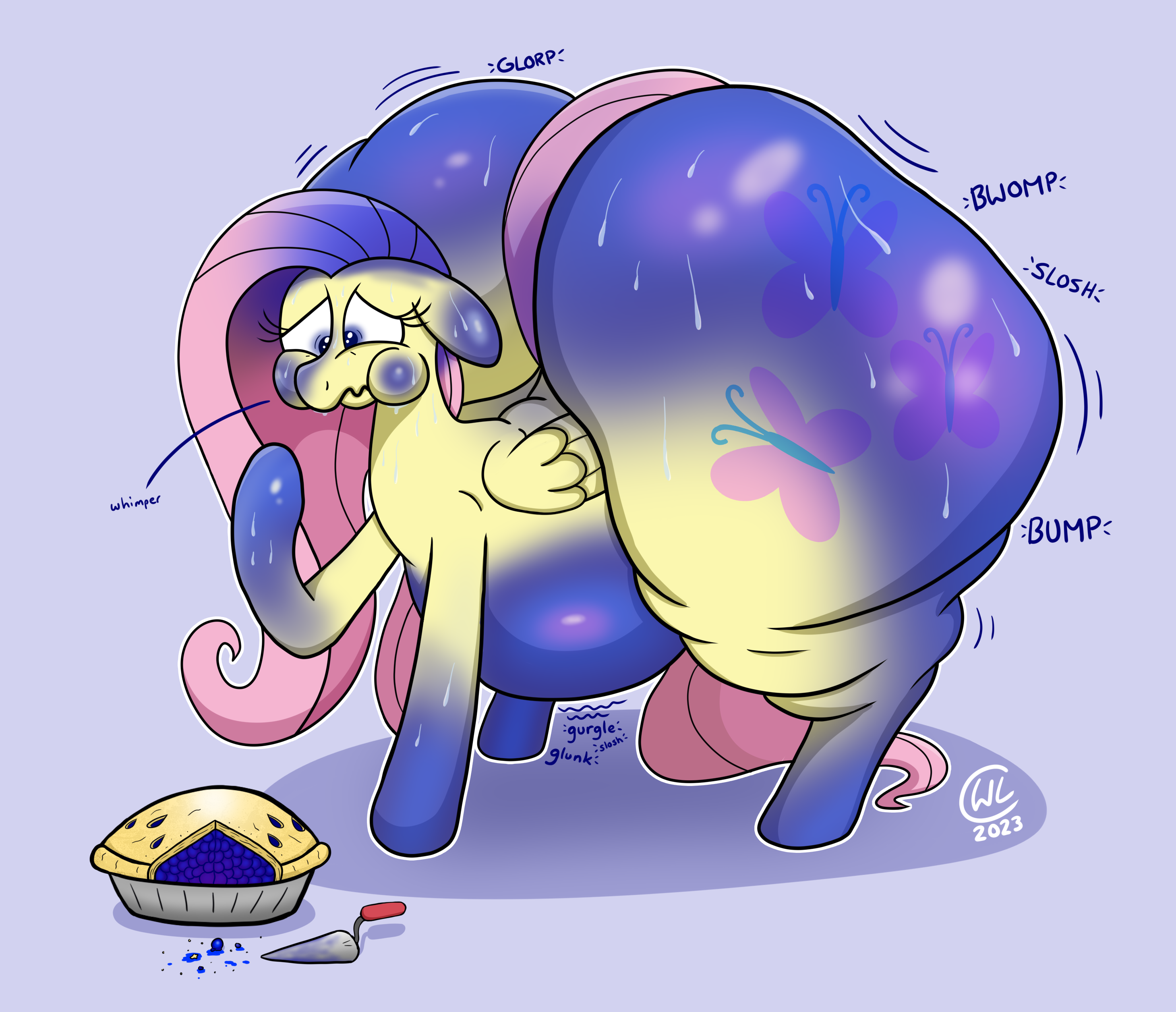 2979714 - questionable, artist:lukewarmluke, derpibooru import, fluttershy,  pegasus, pony, belly, belly expansion, big belly, blueberry inflation,  blueberry pie (food), butt, butt expansion, digital art, expansion,  flutterbutt, folded wings, food ...