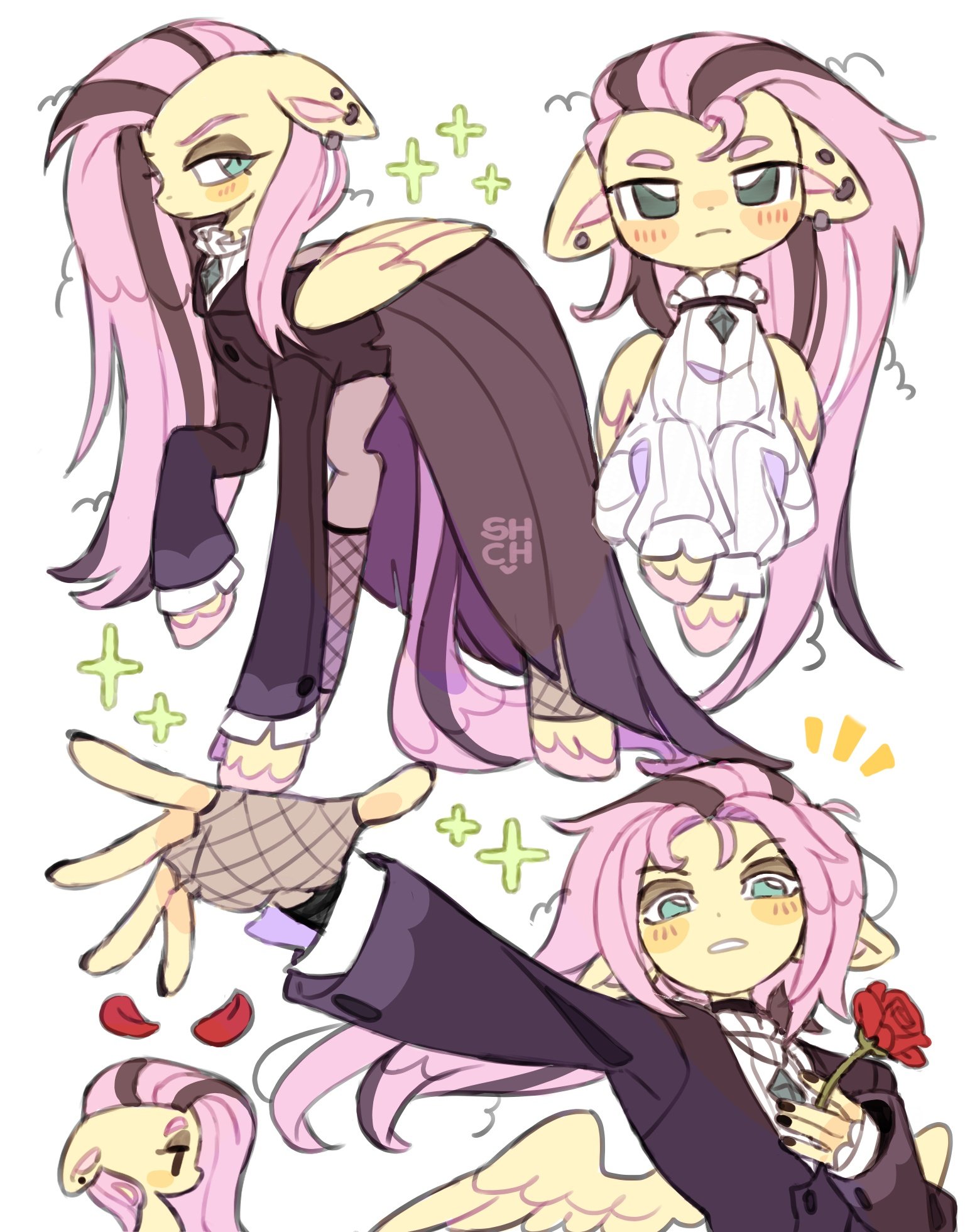 3056521 - safe, artist:sharpycharot, derpibooru import, fluttershy, human,  pegasus, pony, blush sticker, blushing, clothes, eared humanization,  female, fishnets, flower, fluttergoth, humanized, image, jacket, jpeg,  mare, rose, simple background, skirt ...