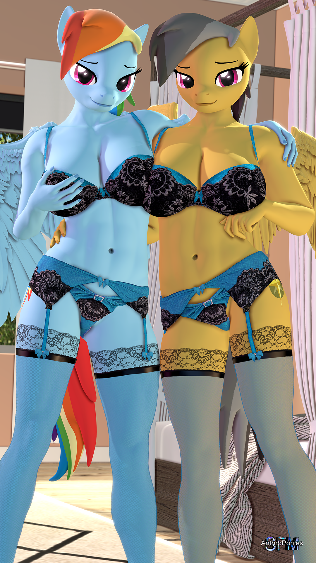 3421286 - suggestive, alternate version, artist:anthroponiessfm, derpibooru  import, daring do, rainbow dash, anthro, g4, 3d, bra, breast grab, breasts,  cleavage, clothes, duo, duo female, female, garter belt, garters, grope,  image, lesbian, lingerie,