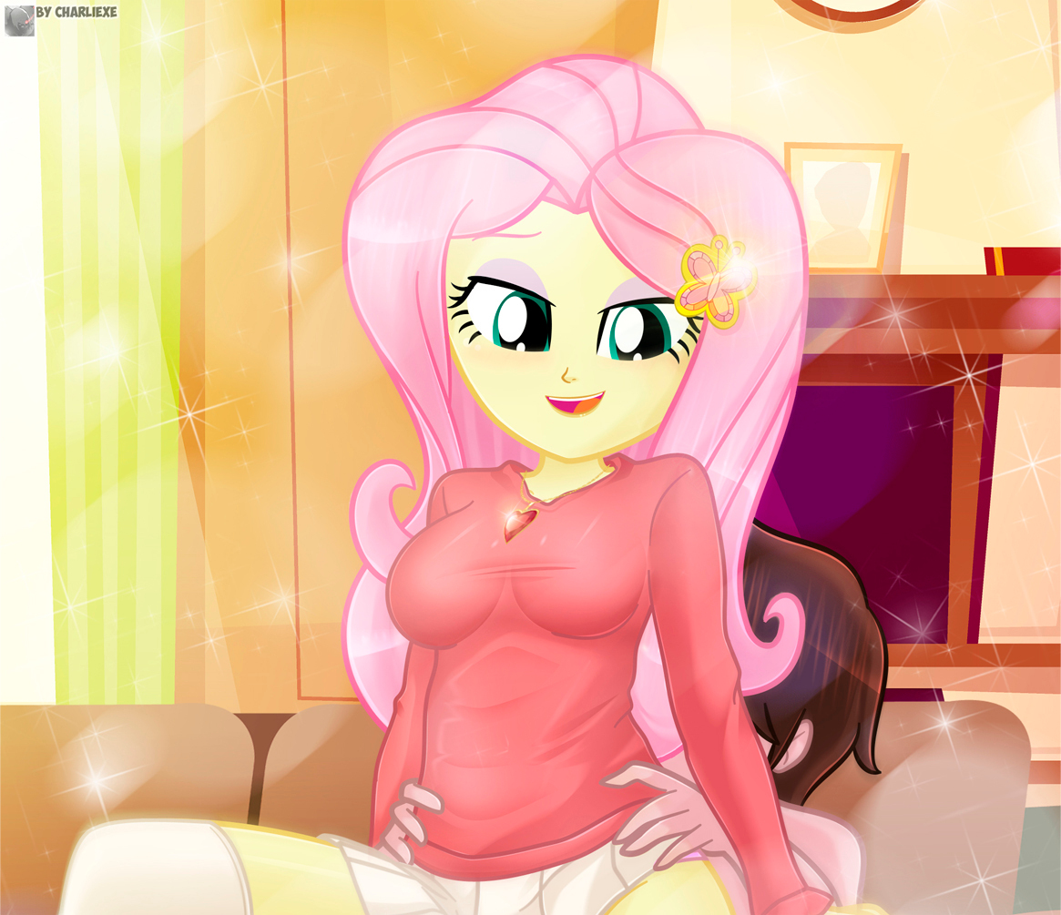3520137 - suggestive, artist:charliexe, derpibooru import, fluttershy, oc,  oc:generic messy hair anime anon, human, equestria girls, g4, bedroom eyes,  blushing, breasts, clothes, cropped porn, duo, duo male and female,  eyeshadow, female, image,